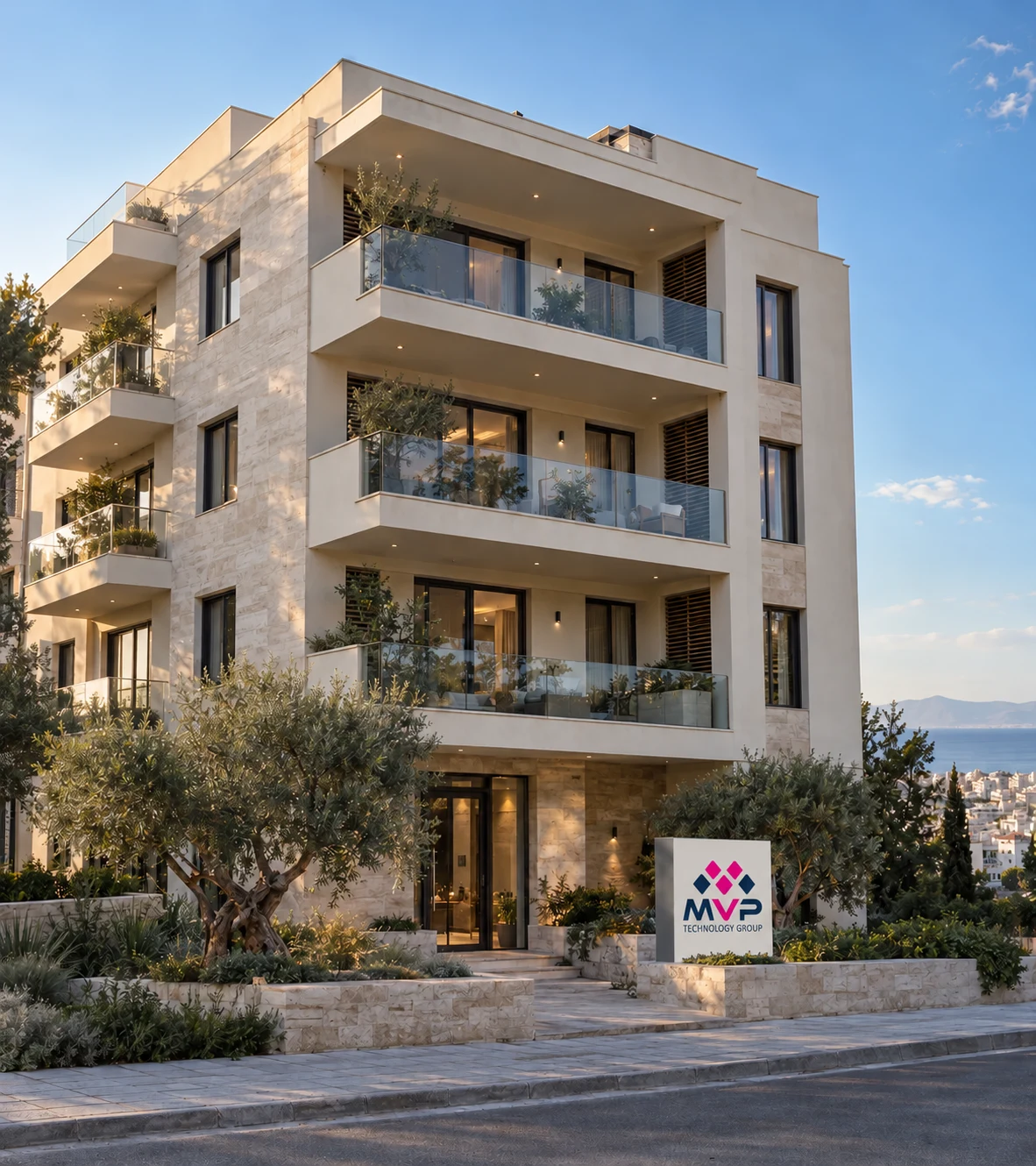 Σύγχρονη πολυκατοικία με πινακίδα MVP Technology Group